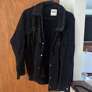 Zara Black Denim Jacket with Fringe Accents